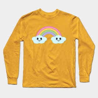 Kawaii Cute Happy Rainbow and Clouds in Yellow Long Sleeve T-Shirt